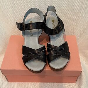 Eric Michael‎ Black Leather Wooden Platform Block Heel Sandals Portugal Women 38